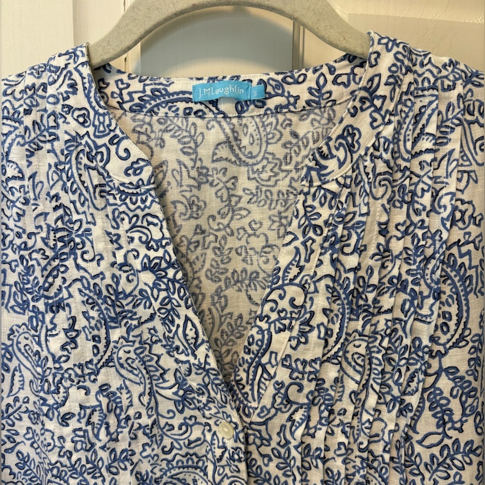J. McLaughlin 100% linen white blue paisley shift floral dress women s small - Picture 4 of 6